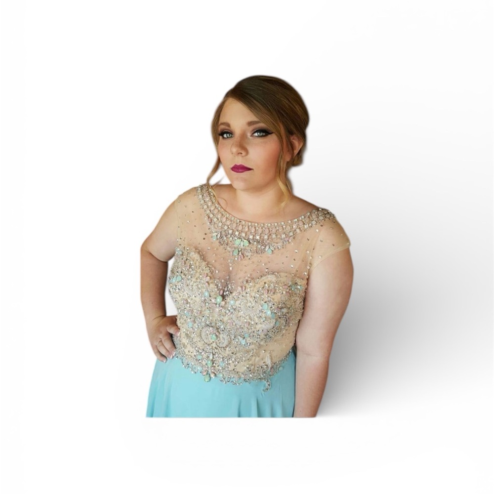 Alyce Paris Beaded Aqua and Nude Prom Dress